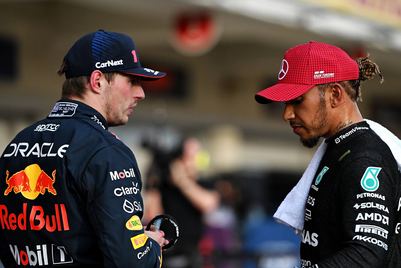 (L to R): Winner Max Verstappen (NLD) Red Bull Racing in Sprint parc ferme with second placed Lewis Hamilton (GBR) Mercedes