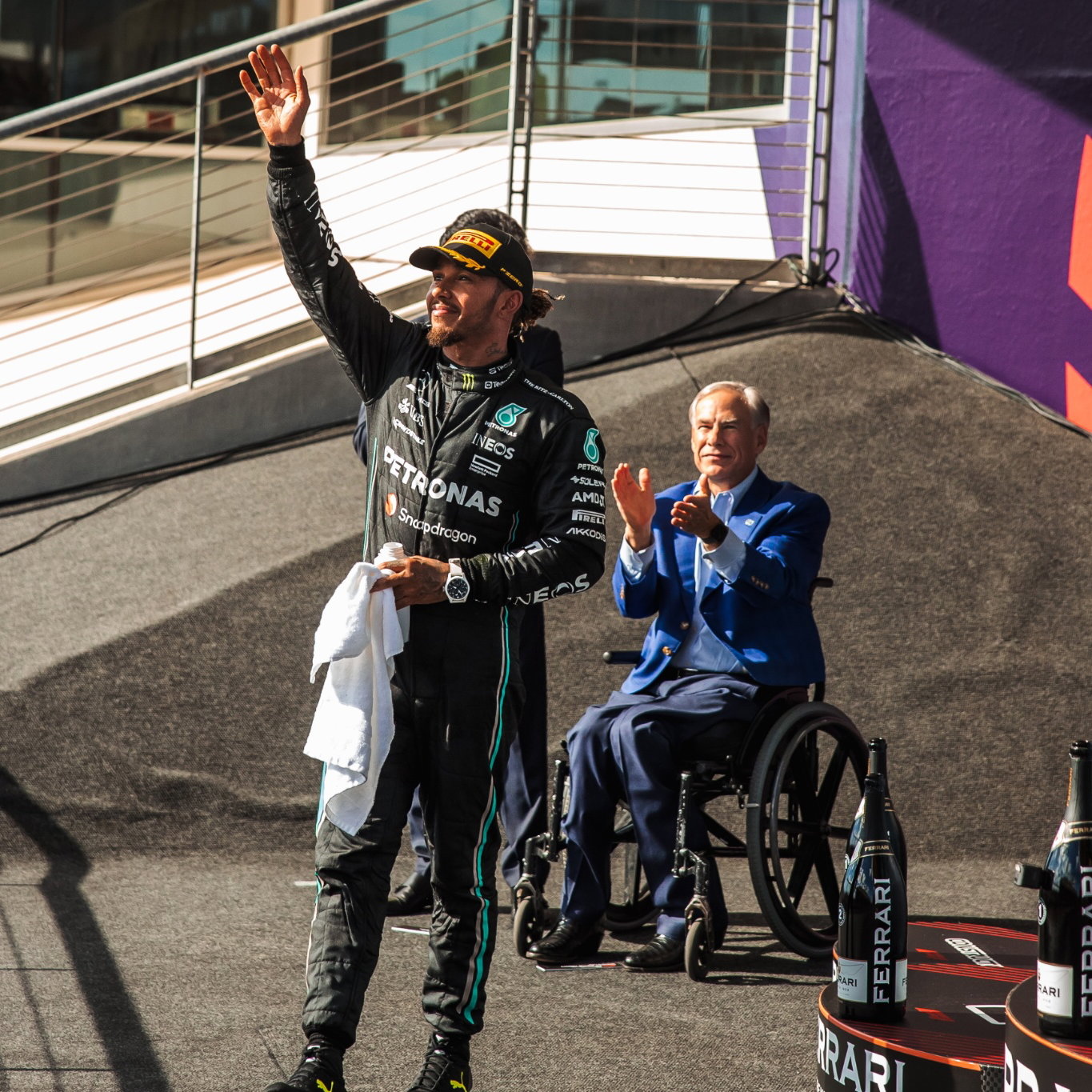 Lewis Hamilton (GBR) Mercedes AMG F1 celebrates his second position on the podium. Formula 1 World Championship, Rd 19,