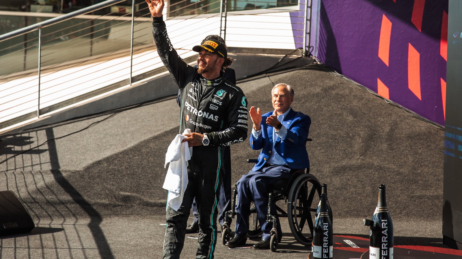 Lewis Hamilton (GBR) Mercedes AMG F1 celebrates his second position on the podium. Formula 1 World Championship, Rd 19,