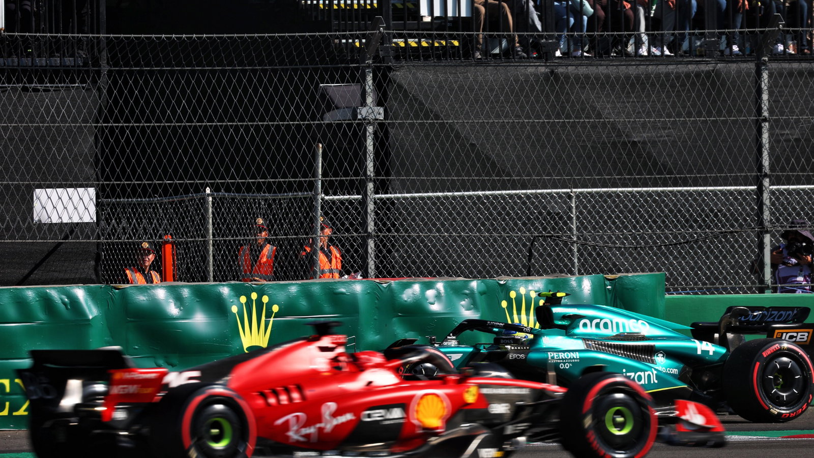 Charles Leclerc (MON) Ferrari SF-23 passes Fernando Alonso (ESP) Aston Martin F1 Team AMR23, who spun in qualifying.
