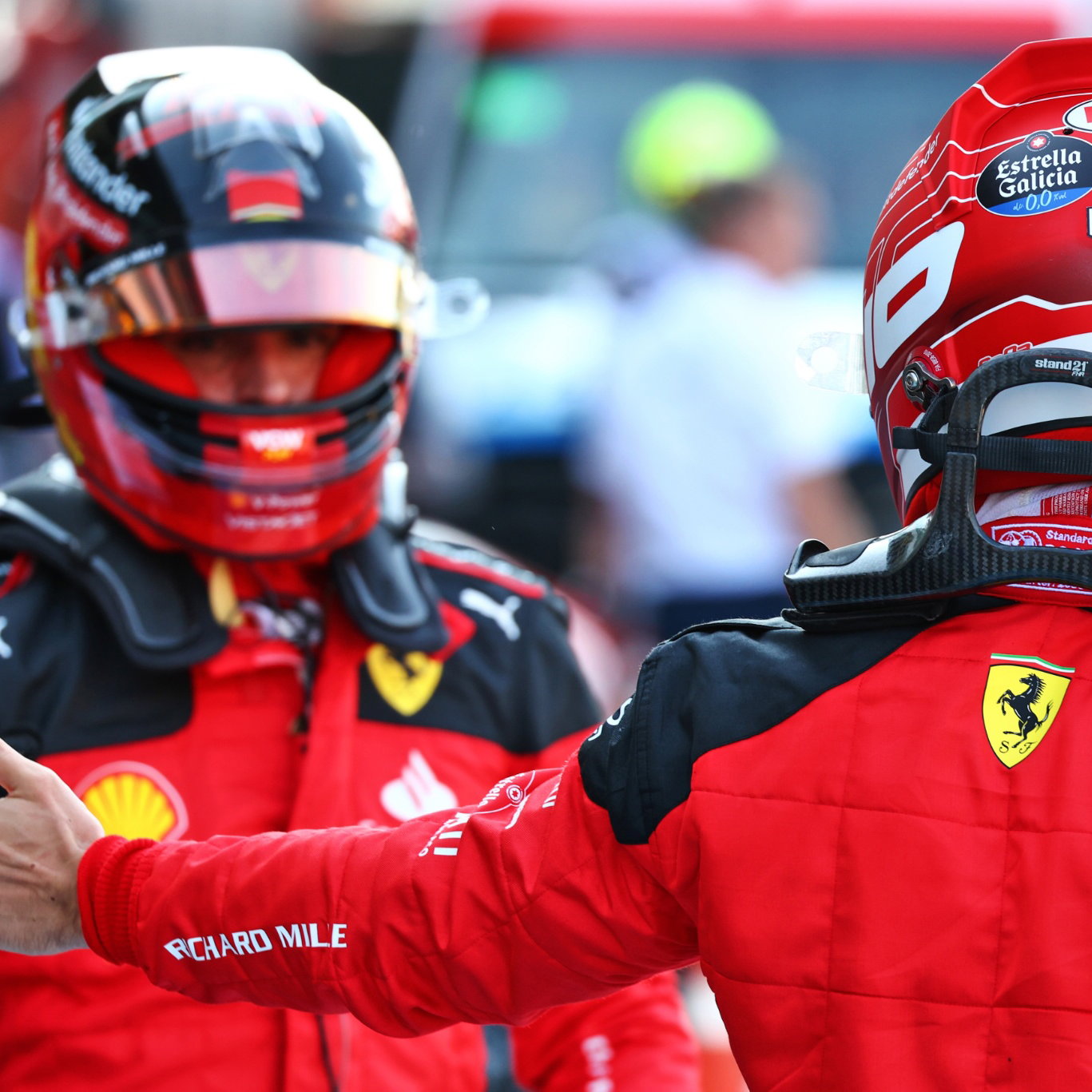 Charles Leclerc (MON) Ferrari celebrates his pole position in qualifying parc ferme with second placed team mate Carlos