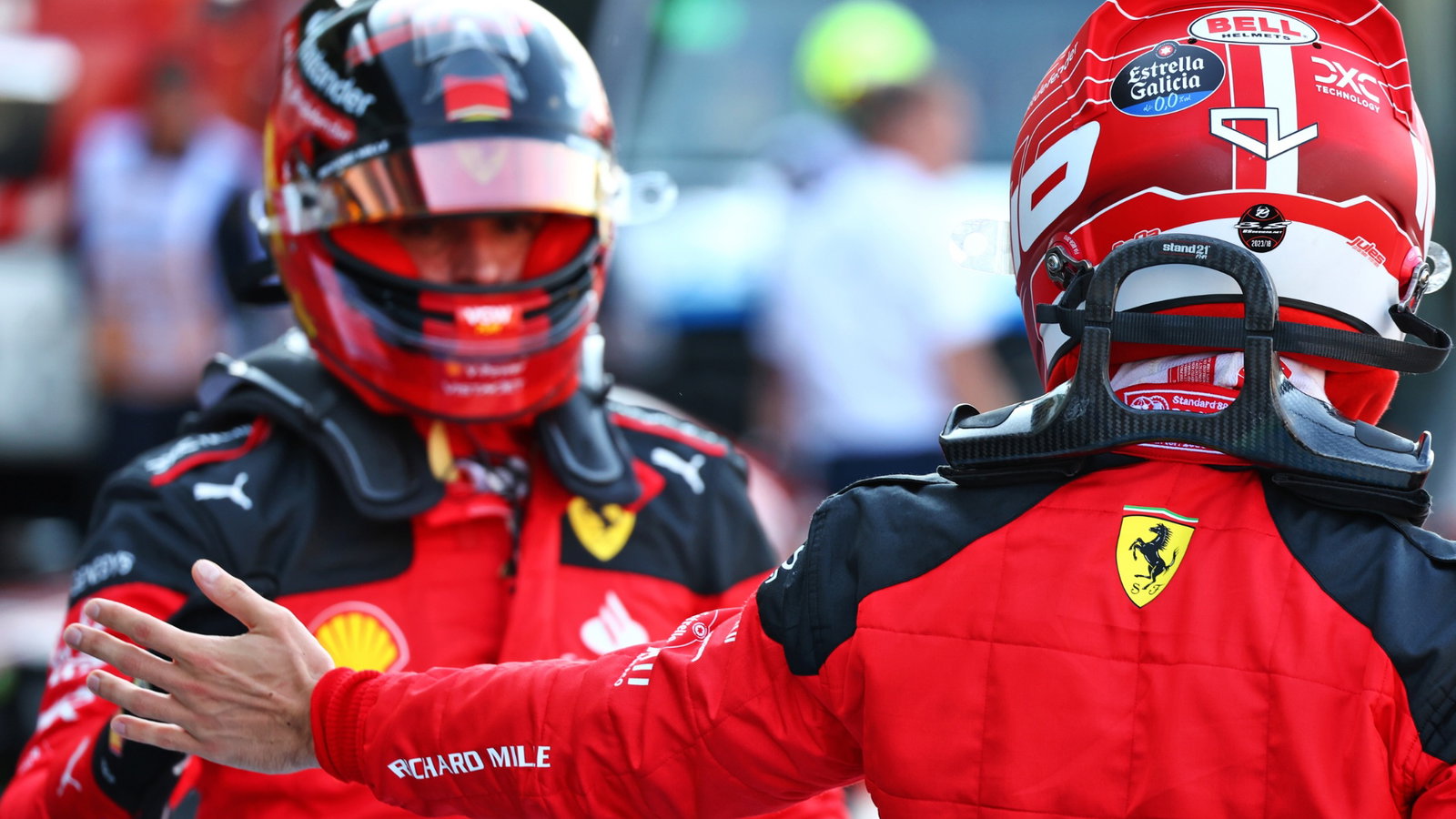 Charles Leclerc (MON) Ferrari celebrates his pole position in qualifying parc ferme with second placed team mate Carlos