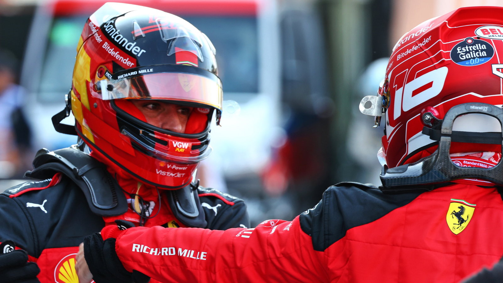 Charles Leclerc (MON) Ferrari celebrates his pole position in qualifying parc ferme with second placed team mate Carlos