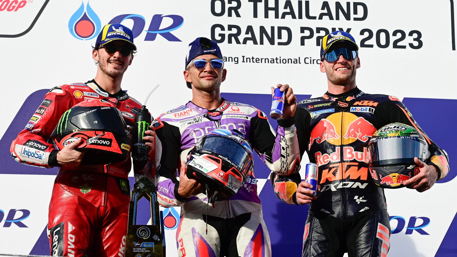 Jorge Martin, Francesco Bagnaia, Brad Binder podium, MotoGP race, Thailand MotoGP, 29 October