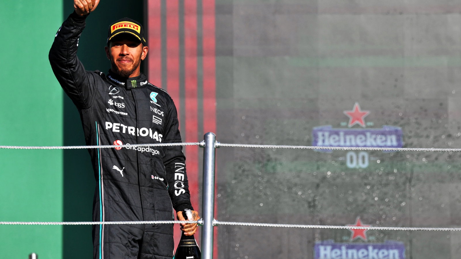 Lewis Hamilton (GBR) Mercedes AMG F1 celebrates his second position on the podium. Formula 1 World Championship, Rd 20,