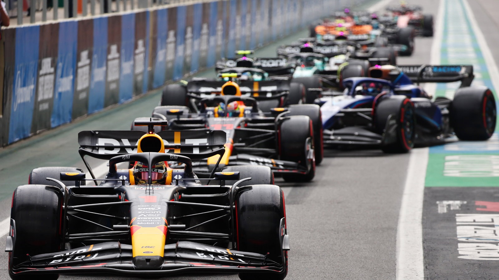 Max Verstappen (NLD) Red Bull Racing RB19 leaves the pits. Formula 1 World Championship, Rd 21, Brazilian Grand Prix, Sao