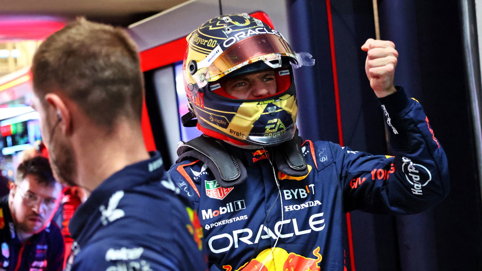 Max Verstappen (NLD) Red Bull Racing celebrates his pole position in the pits. Formula 1 World Championship, Rd 21,