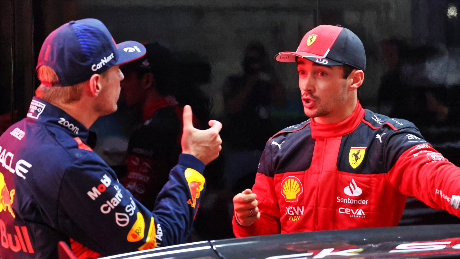 (L to R): Max Verstappen (NLD) Red Bull Racing with Charles Leclerc (MON) Ferrari in qualifying parc ferme. Formula 1