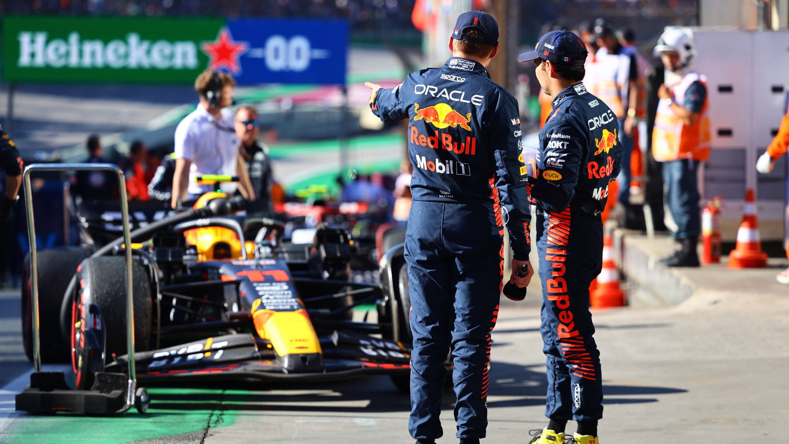 Max Verstappen (NLD) Red Bull Racing in sprint parc ferme with team mate Sergio Perez (MEX) Red Bull Racing. Formula 1