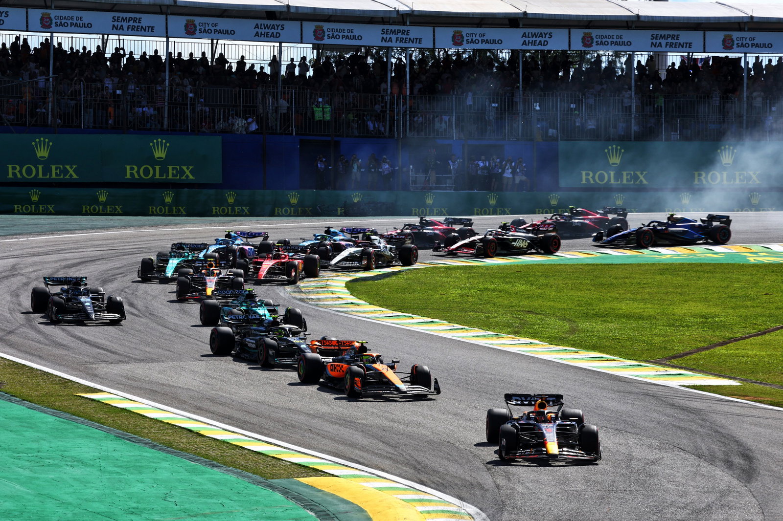Max Verstappen (NLD) Red Bull Racing RB19 leads at the race restart. Formula 1 World Championship, Rd 21, Brazilian Grand