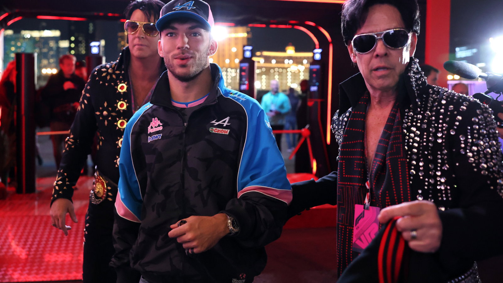 Pierre Gasly (FRA) Alpine F1 Team with Elvis impersonators. Formula 1 World Championship, Rd 22, Las Vegas Grand Prix,