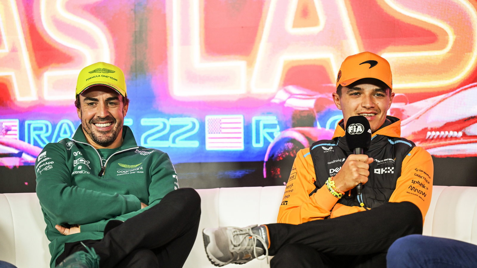 (L to R): Fernando Alonso (ESP) Aston Martin F1 Team and Lando Norris (GBR) McLaren in the FIA Press Conference. Formula 1