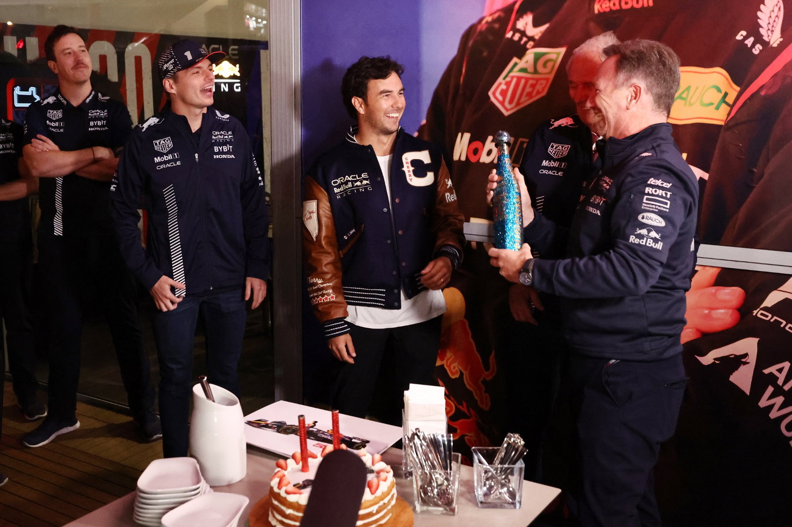 Christian Horner (GBR) Red Bull Racing Team Principal celebrates his 50th birthday with Max Verstappen (NLD) Red Bull