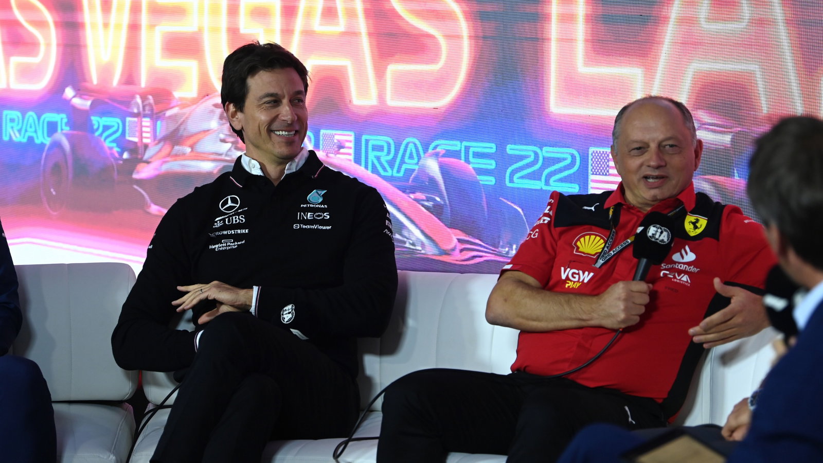 (L to R): Toto Wolff (GER) Mercedes AMG F1 Shareholder and Executive Director and Frederic Vasseur (FRA) Ferrari Team