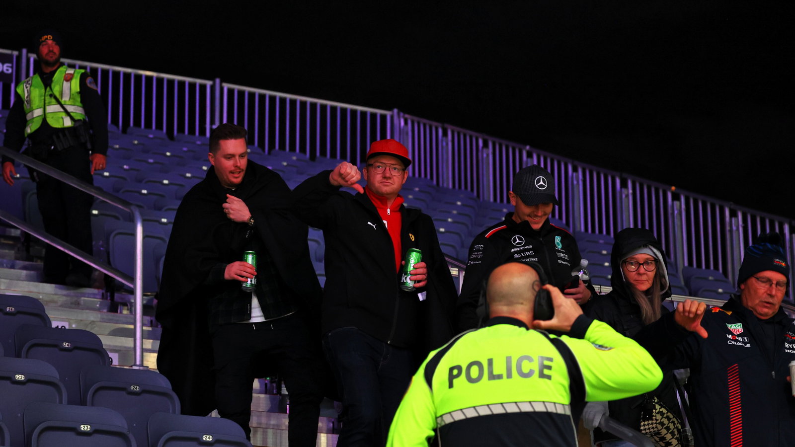 Fans show their displeasure as Police eject them from the grandstands fefore the start of FP2. Formula 1 World