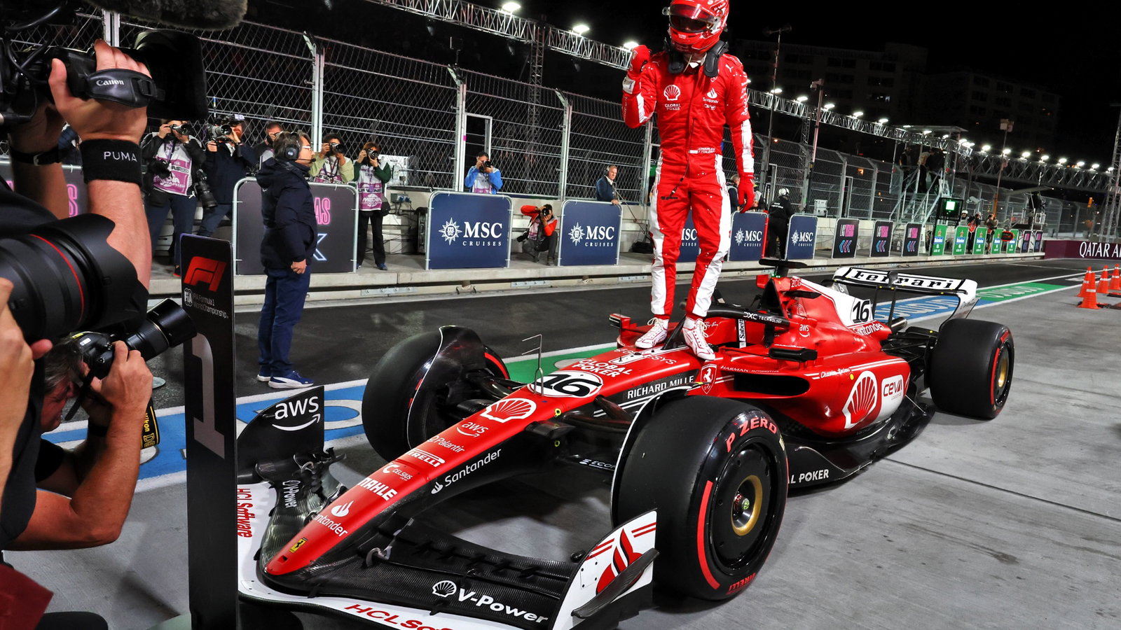 Charles Leclerc (MON) Ferrari SF-23 celebrates his pole position in qualifying parc ferme. Formula 1 World Championship,