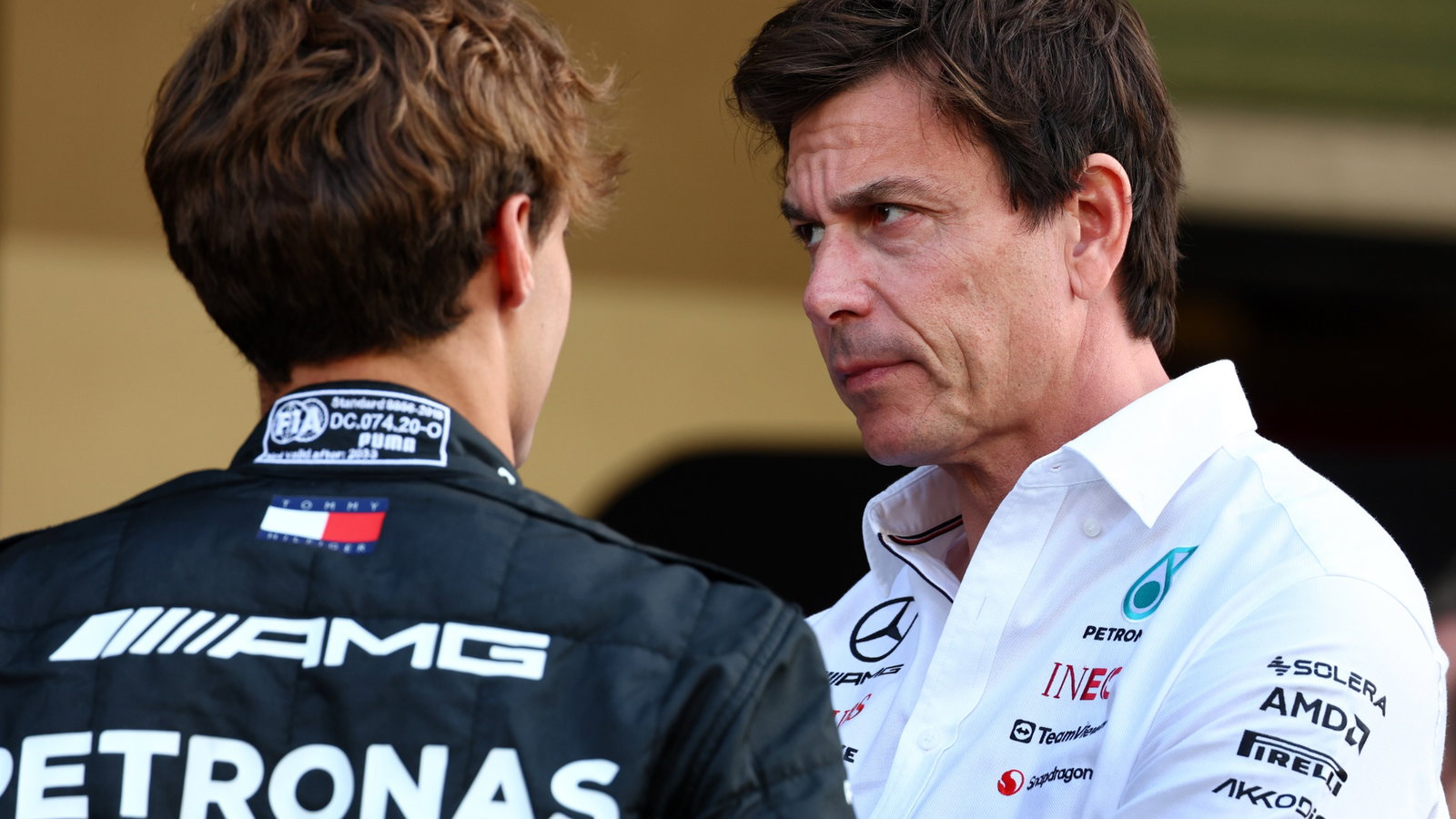(L to R): George Russell (GBR) Mercedes AMG F1 with Toto Wolff (GER) Mercedes AMG F1 Shareholder and Executive Director.
