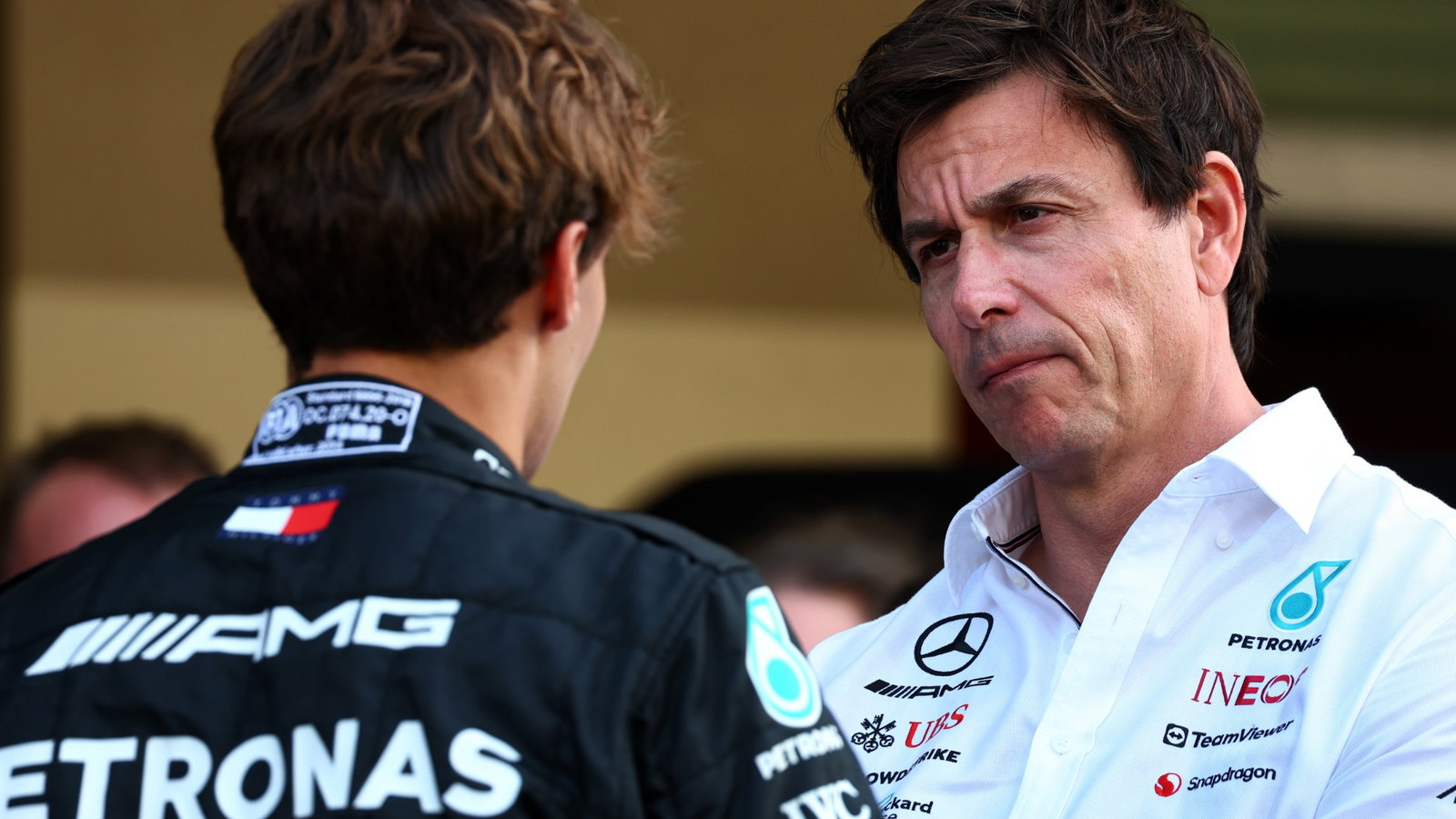 (L to R): George Russell (GBR) Mercedes AMG F1 with Toto Wolff (GER) Mercedes AMG F1 Shareholder and Executive Director.
