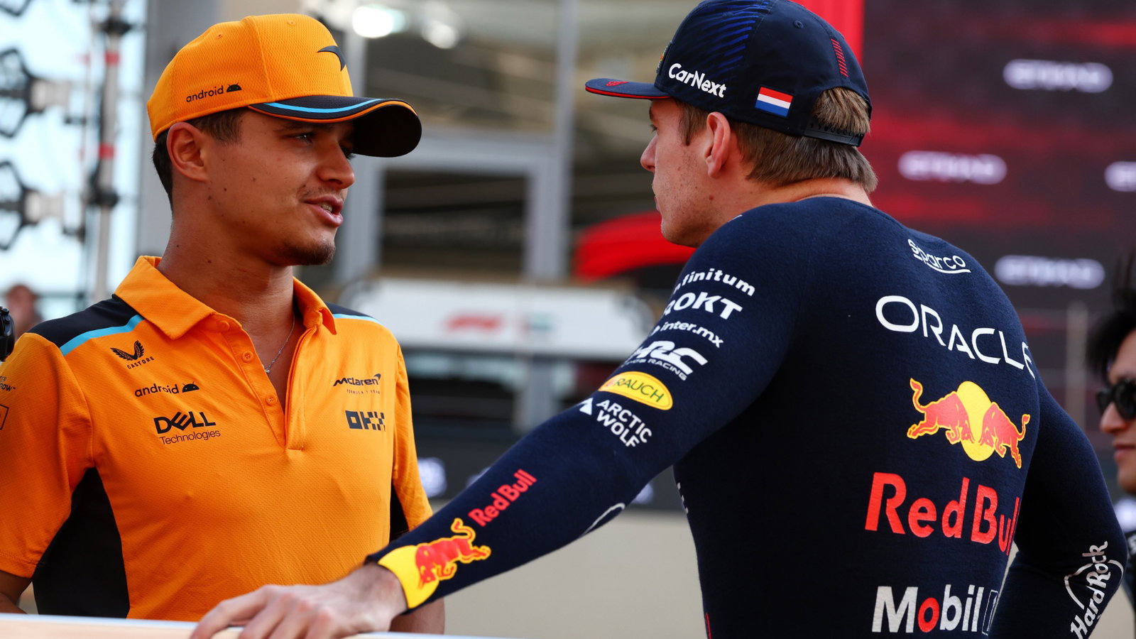 (L to R): Lando Norris (GBR) McLaren with Max Verstappen (NLD) Red Bull Racing on the drivers' parade. Formula 1 World