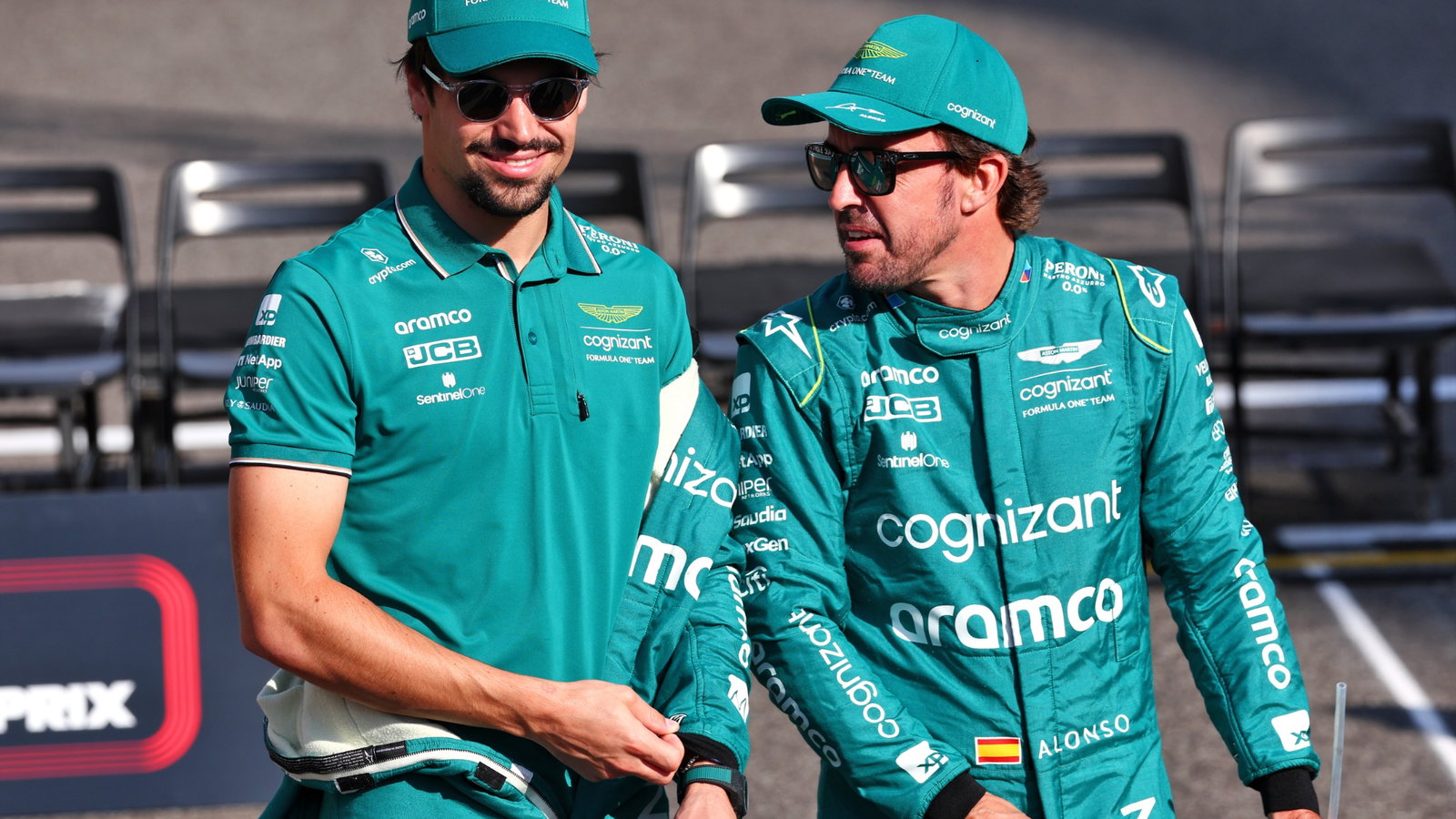 (L to R): Lance Stroll (CDN) Aston Martin F1 Team with Fernando Alonso (ESP) Aston Martin F1 Team. Formula 1 World