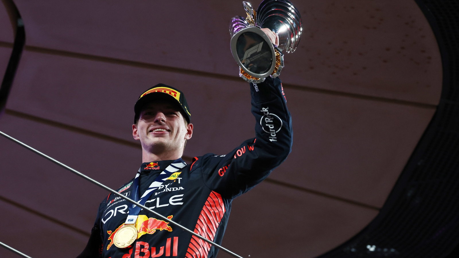 Race winner Max Verstappen (NLD) Red Bull Racing celebrates on the podium. Formula 1 World Championship, Rd 23, Abu Dhabi