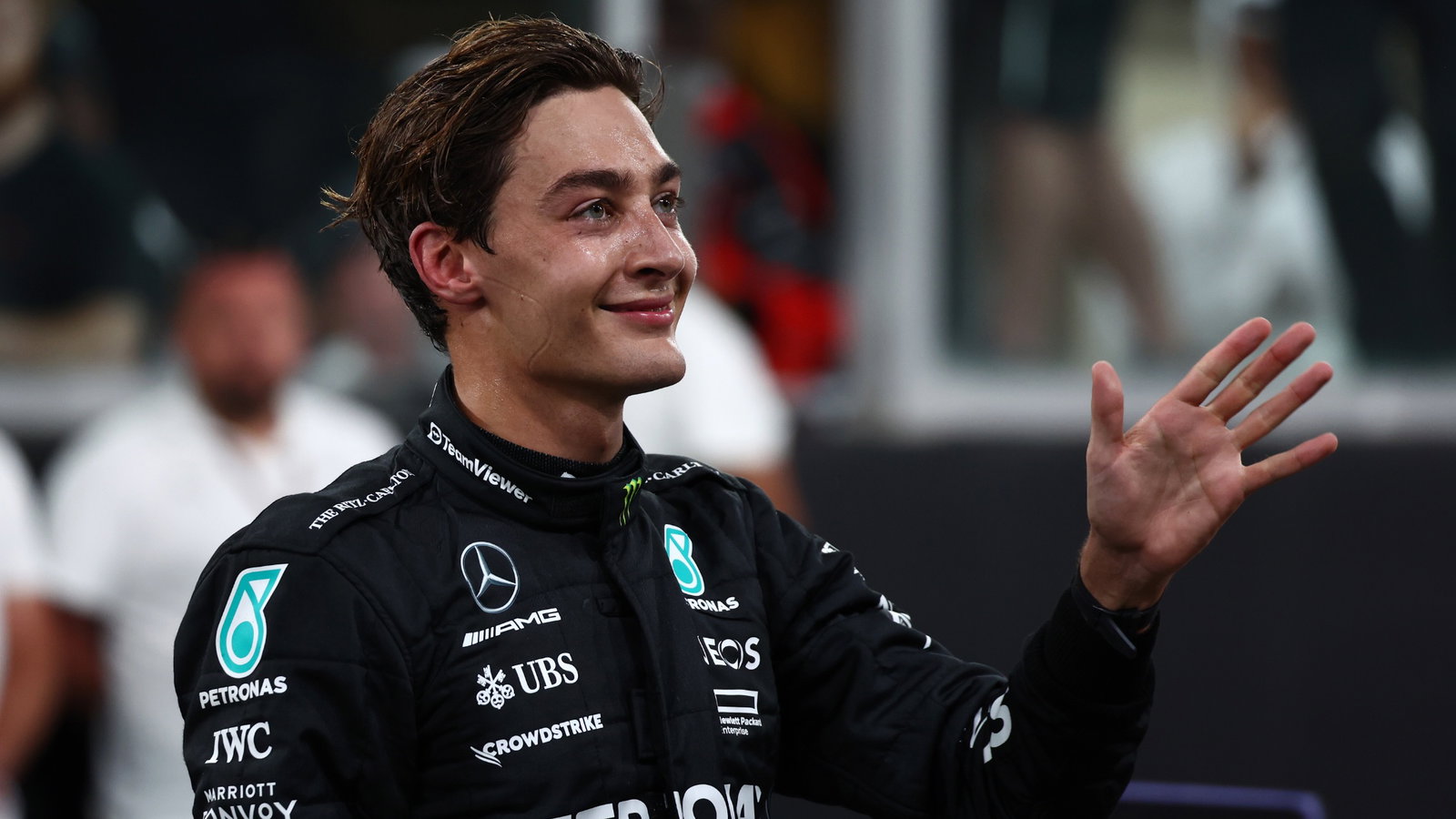 George Russell (GBR) Mercedes AMG F1 celebrates his third position in parc ferme. Formula 1 World Championship, Rd 23, Abu