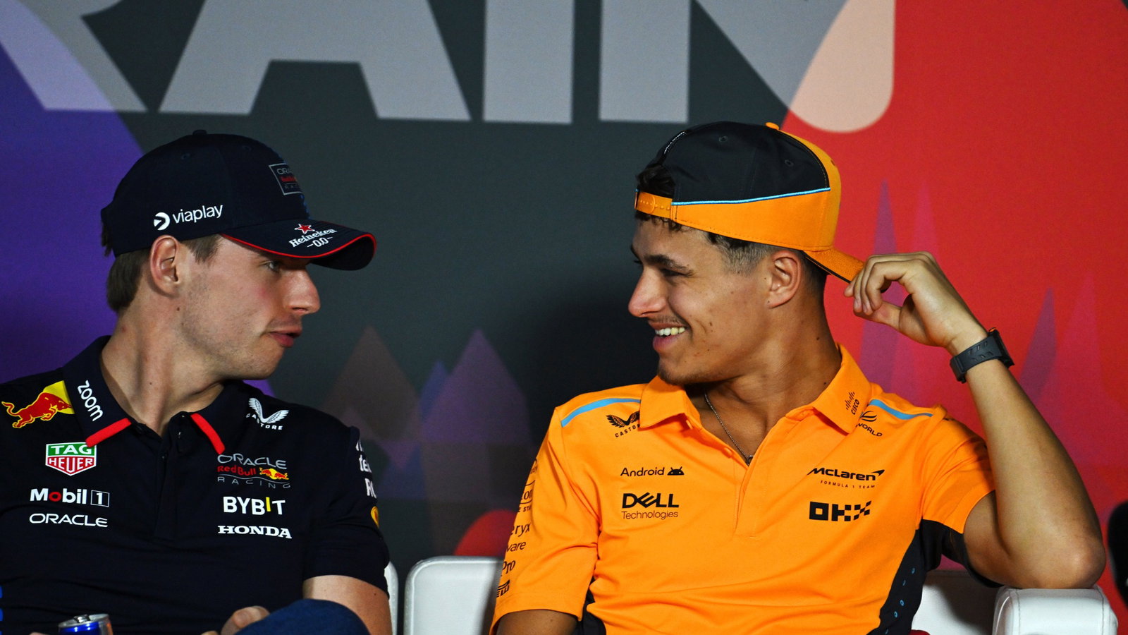(L to R): Max Verstappen (NLD) Red Bull Racing and Lando Norris (GBR) McLaren in the FIA Press Conference. Formula 1 World