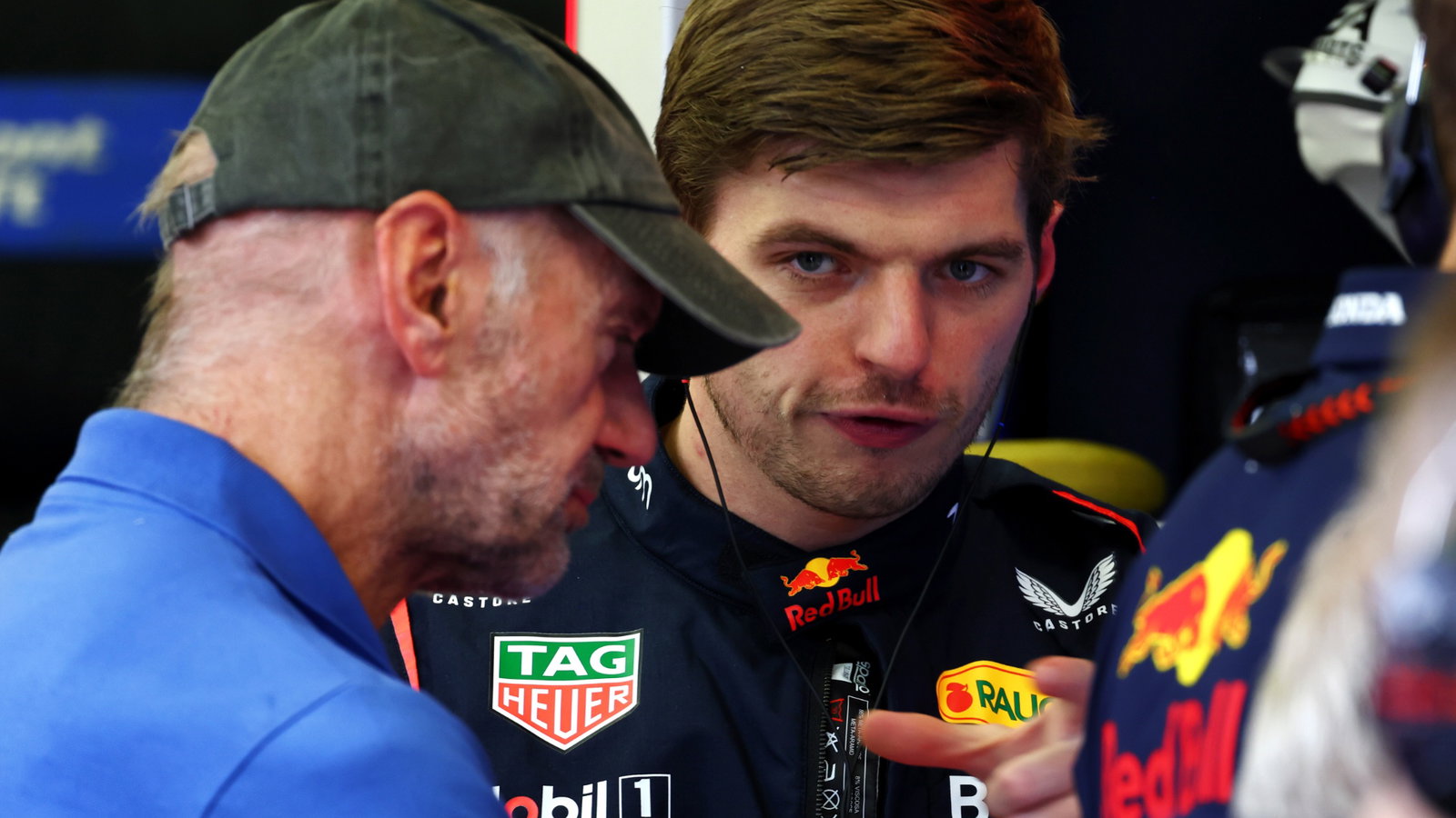 Adrian Newey (GBR) Red Bull Racing Chief Technical Officer with Max Verstappen (NLD) Red Bull Racing. Formula 1 Testing,