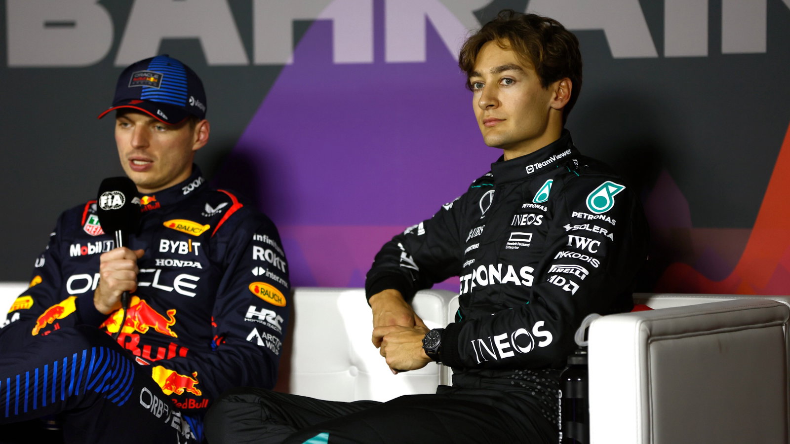 George Russell (GBR) Mercedes AMG F1 and Max Verstappen (NLD) Red Bull Racing in the post qualifying FIA Press Conference.