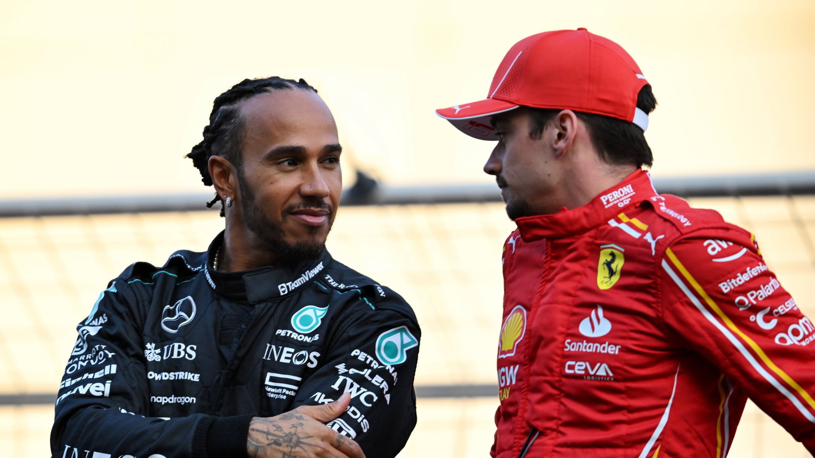 (L to R): Lewis Hamilton (GBR) Mercedes AMG F1 with Charles Leclerc (MON) Ferrari on the drivers' parade. Formula 1 World