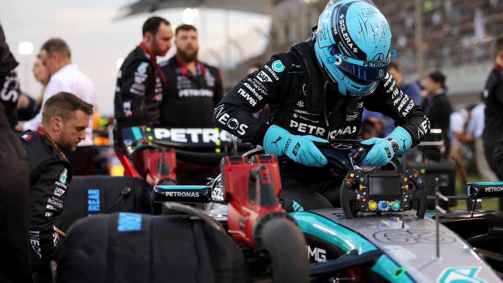 George Russell (GBR) Mercedes AMG F1 W15 on the grid. Formula 1 World Championship, Rd 1, Bahrain Grand Prix, Sakhir,
