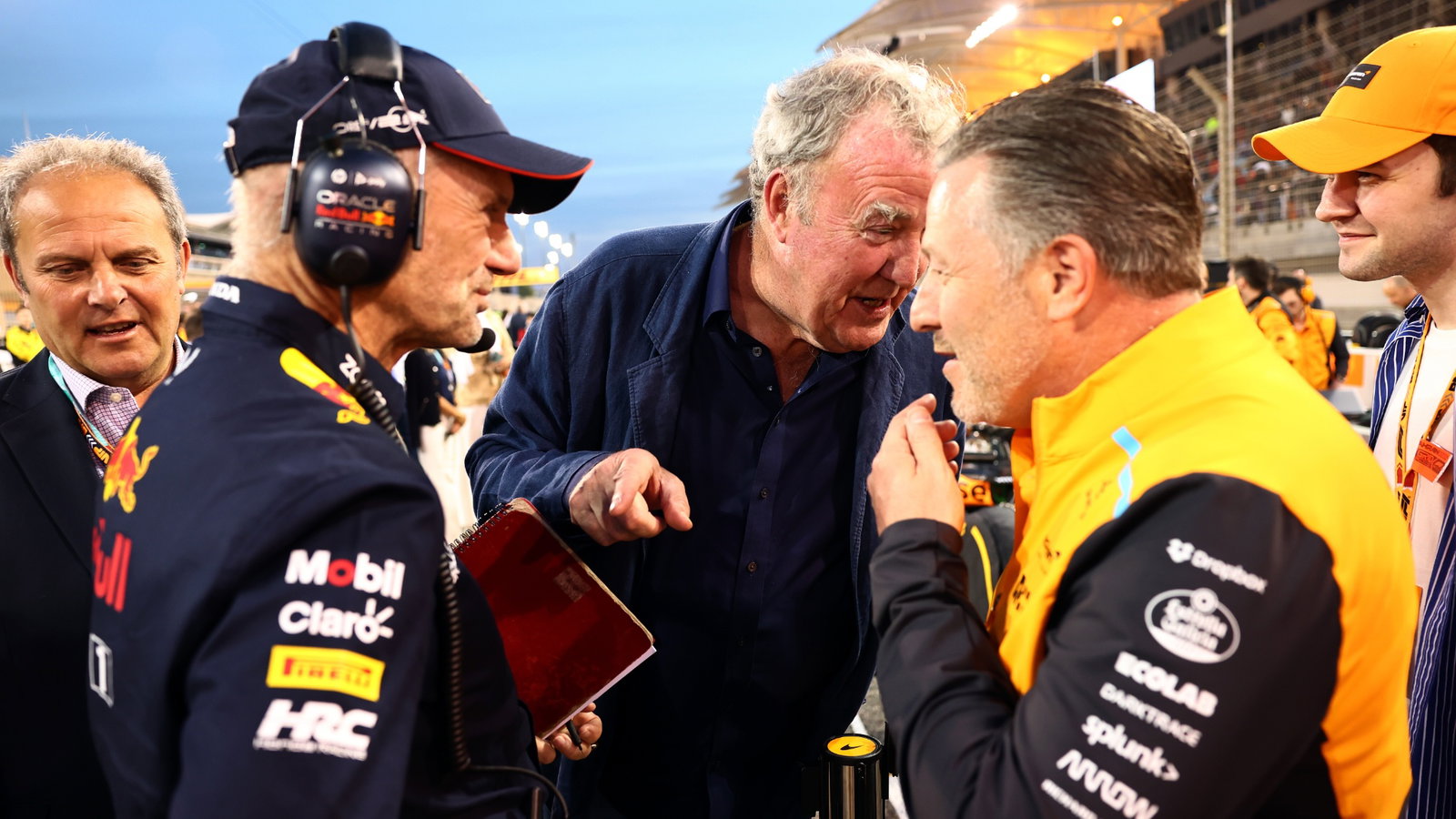 (L to R): Adrian Newey (GBR) Red Bull Racing Chief Technical Officer with Jeremy Clarkson (GBR) and Zak Brown (USA) McLaren