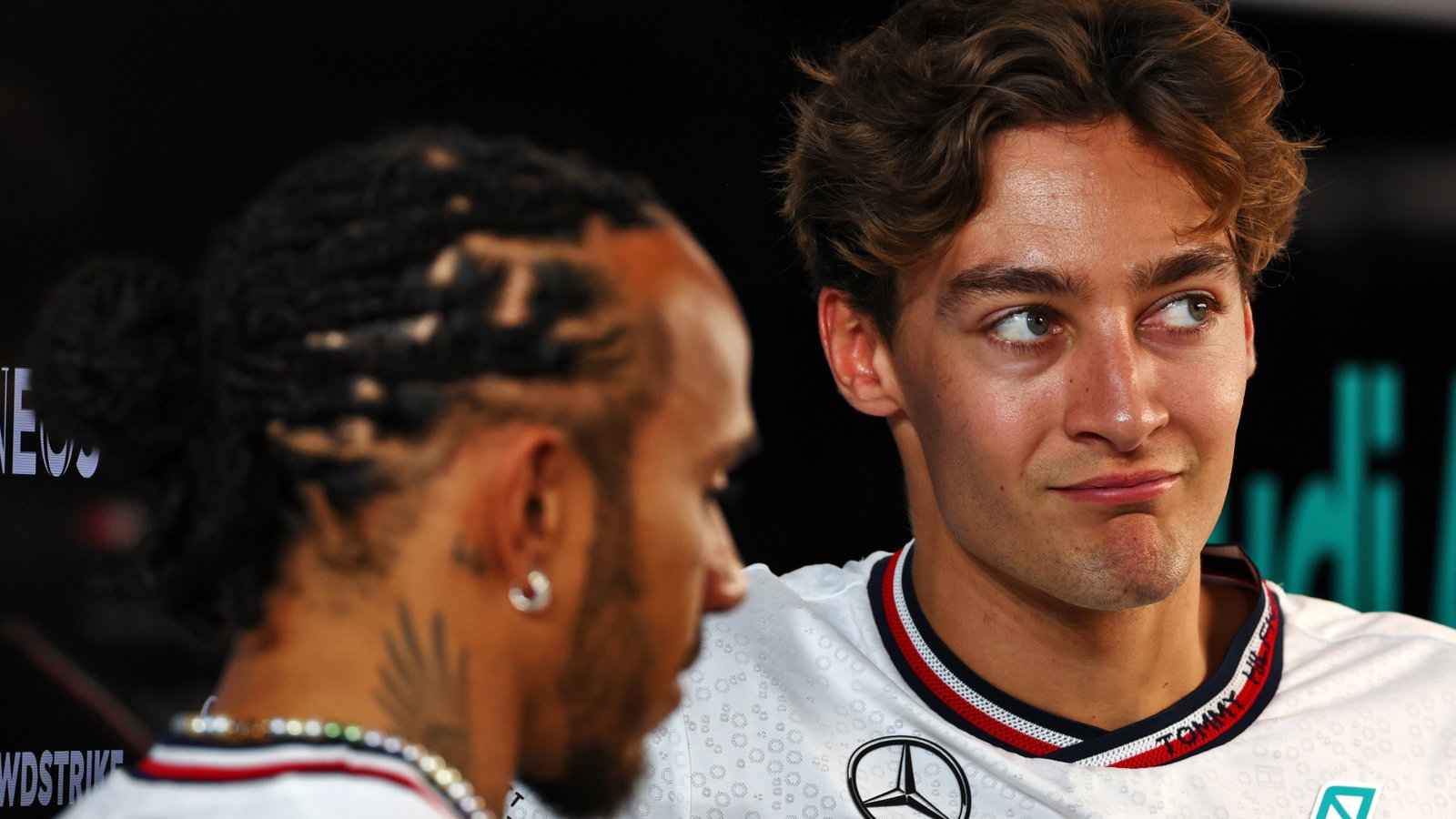 George Russell (GBR) Mercedes AMG F1 (Right) and Lewis Hamilton (GBR) Mercedes AMG F1. Formula 1 World Championship, Rd 2,