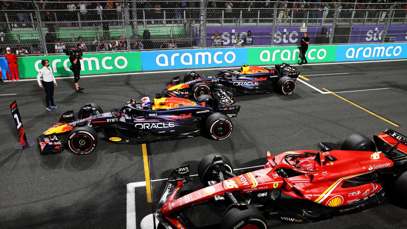 Race winner Max Verstappen (NLD) Red Bull Racing RB20 in parc ferme with second placed Sergio Perez (MEX) Red Bull Racing