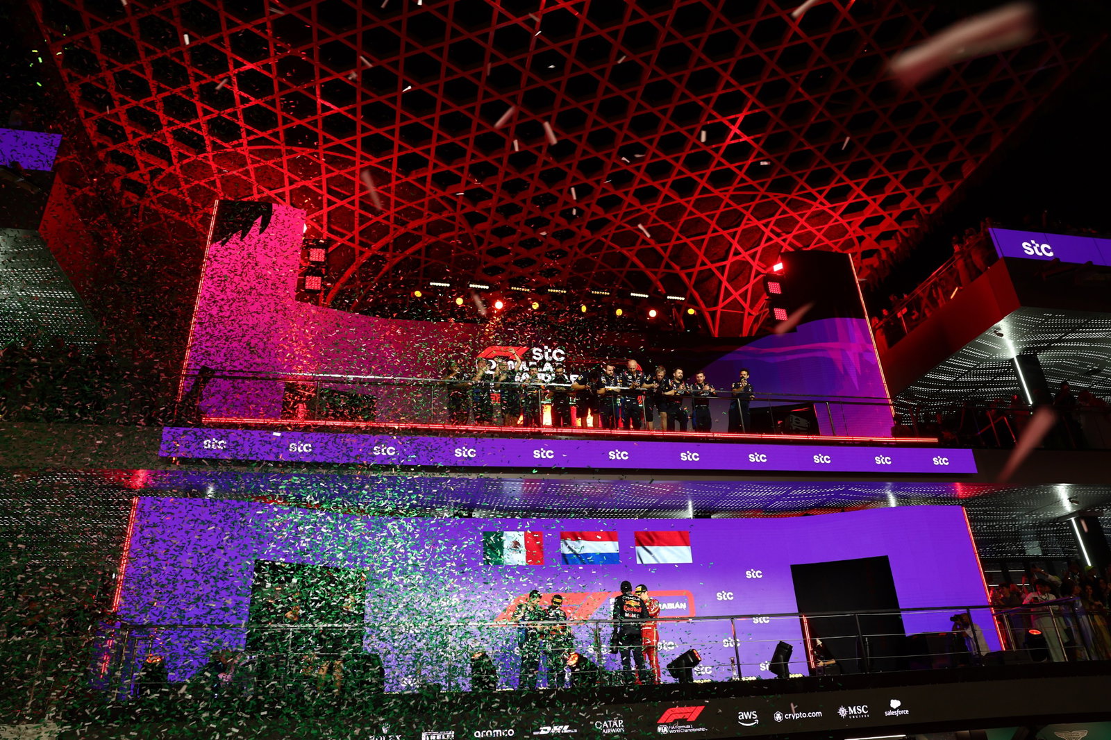 Jerome LaFarge, Head of materials sciences, Red Bull Racing with 2nd place Sergio Perez (MEX) Red Bull Racing RB20, 1st