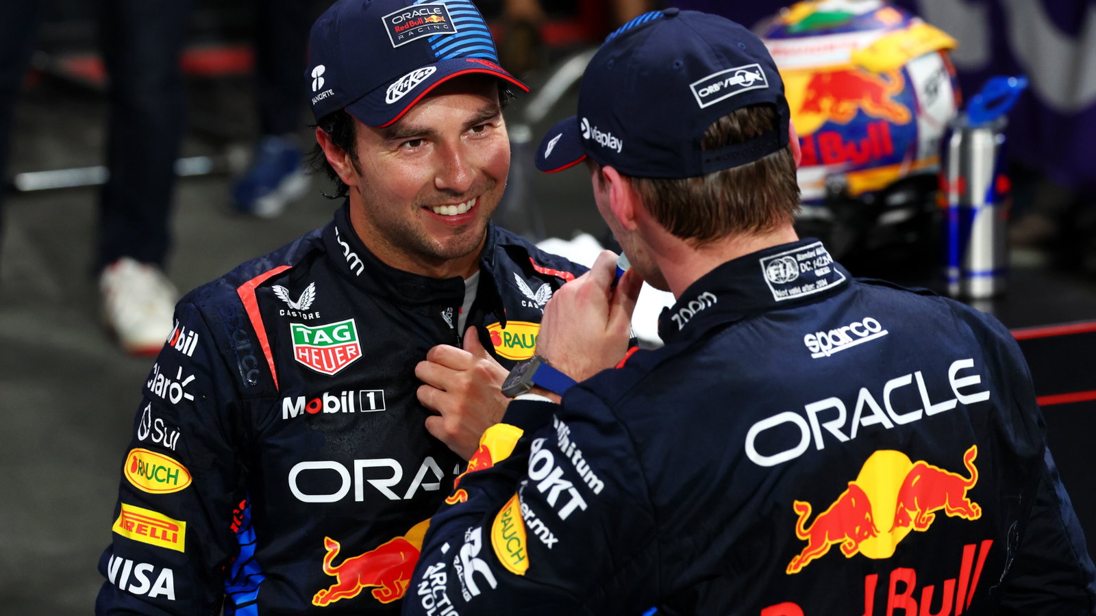 (L to R): second placed Sergio Perez (MEX) Red Bull Racing with team mate and race winner Max Verstappen (NLD) Red Bull