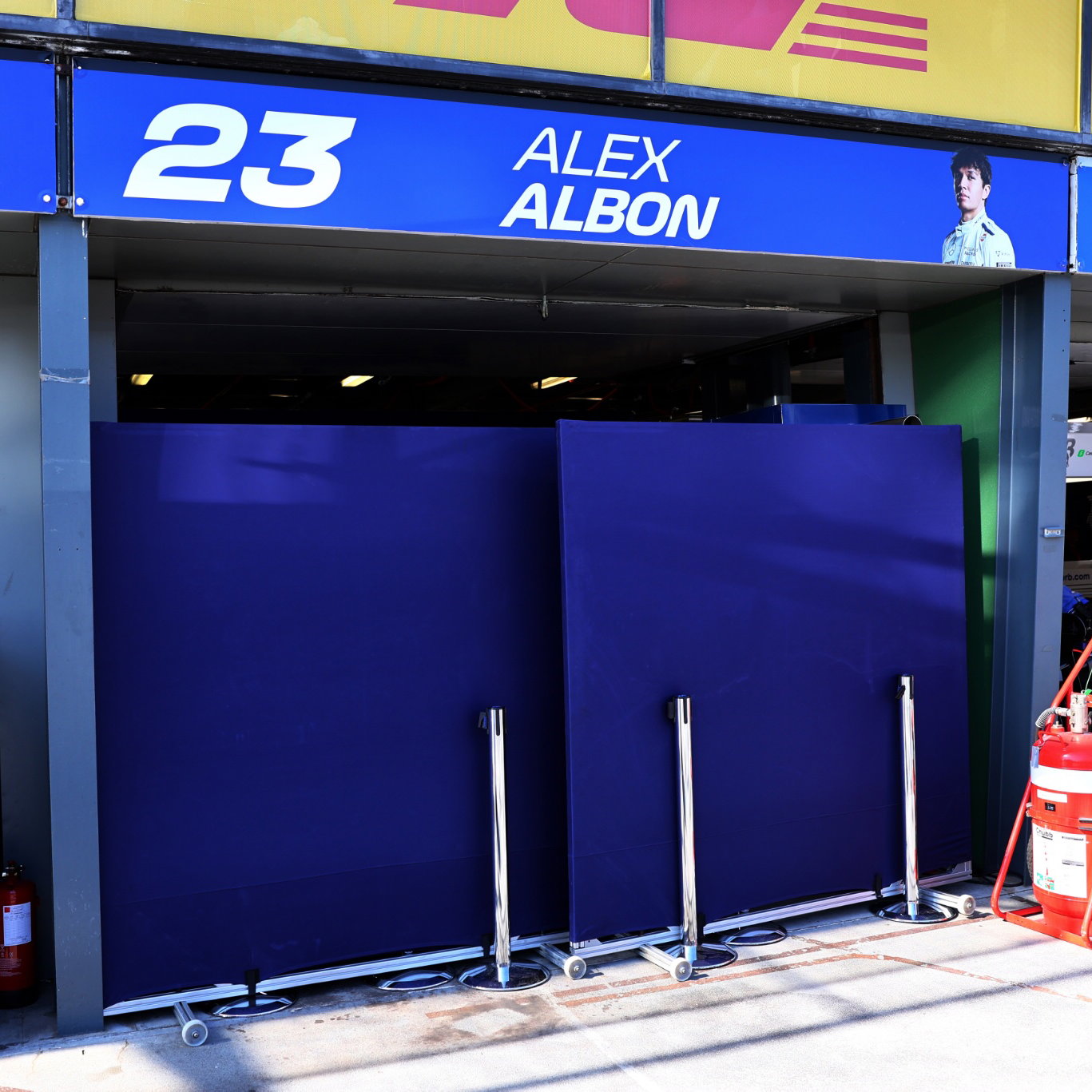 Pit garage of Alexander Albon (THA) Williams Racing closed as he doesn't take part in the second practice session. Formula