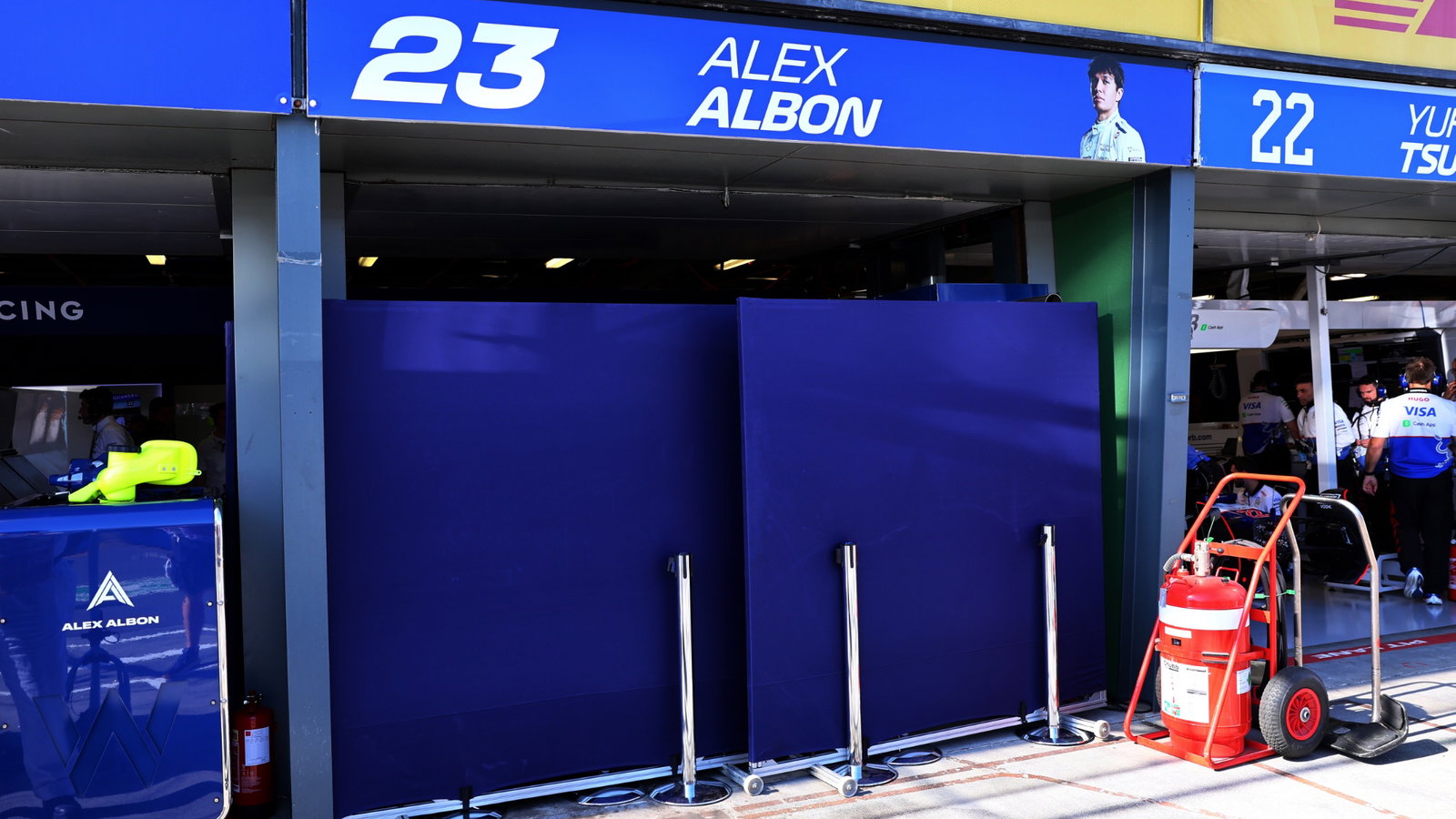 Pit garage of Alexander Albon (THA) Williams Racing closed as he doesn't take part in the second practice session. Formula