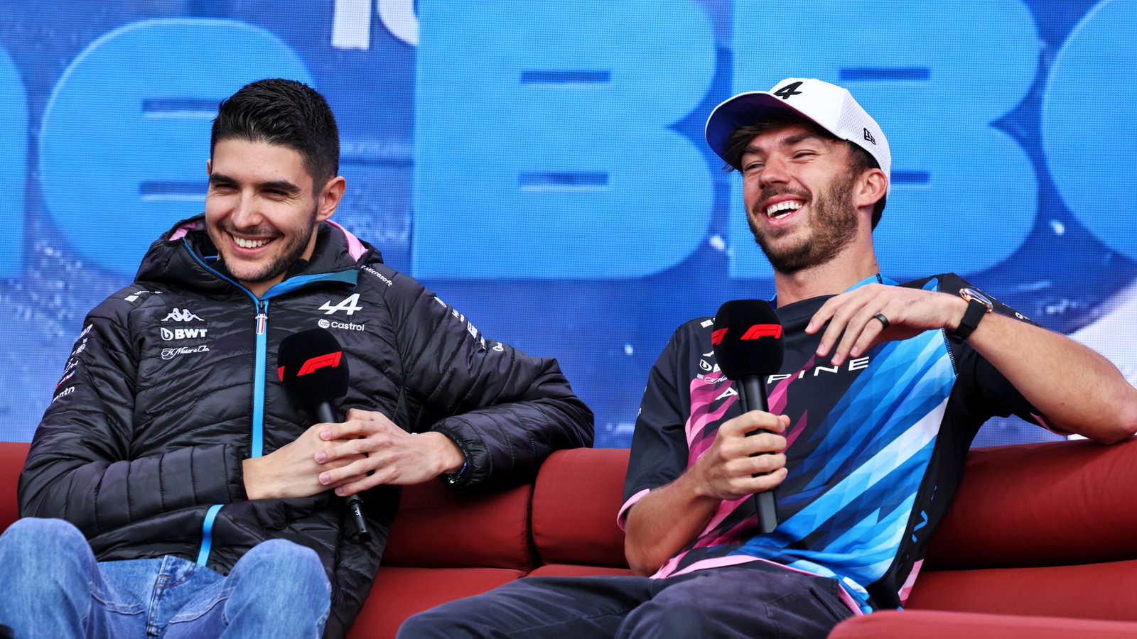 (L to R): Esteban Ocon (FRA) Alpine F1 Team and Pierre Gasly (FRA) Alpine F1 Team on the FanZone Stage. Formula 1 World