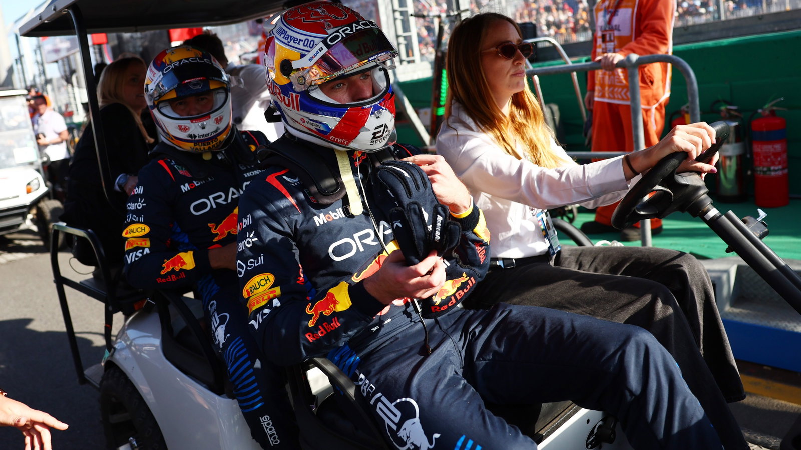 Max Verstappen (NLD) Red Bull Racing with Sergio Perez (MEX) Red Bull Racing. Formula 1 World Championship, Rd 3,