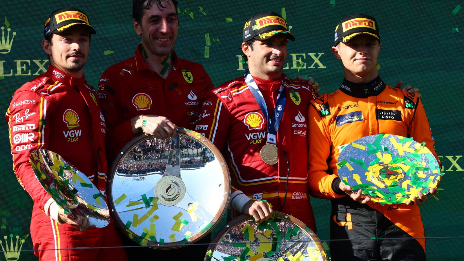 1st place Carlos Sainz Jr (ESP) Ferrari, 2nd place Charles Leclerc (MON) Ferrari and 3rd place Lando Norris (GBR) McLaren.