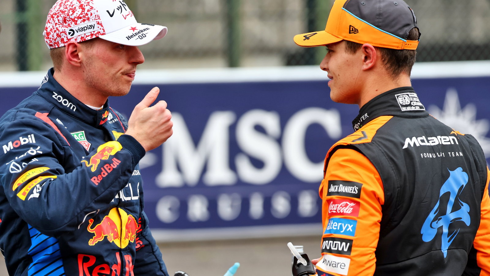 (L to R): Pole sitter Max Verstappen (NLD) Red Bull Racing with third placed Lando Norris (GBR) McLaren in qualifying parc