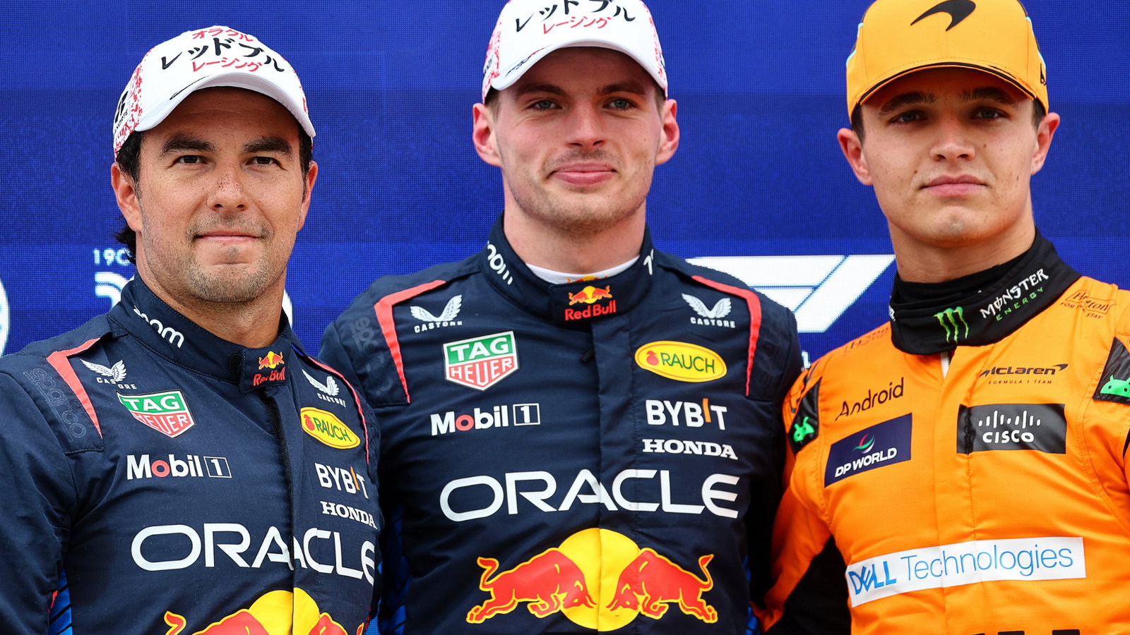 Qualifying top three in parc ferme (L to R): Sergio Perez (MEX) Red Bull Racing, second; Max Verstappen (NLD) Red Bull