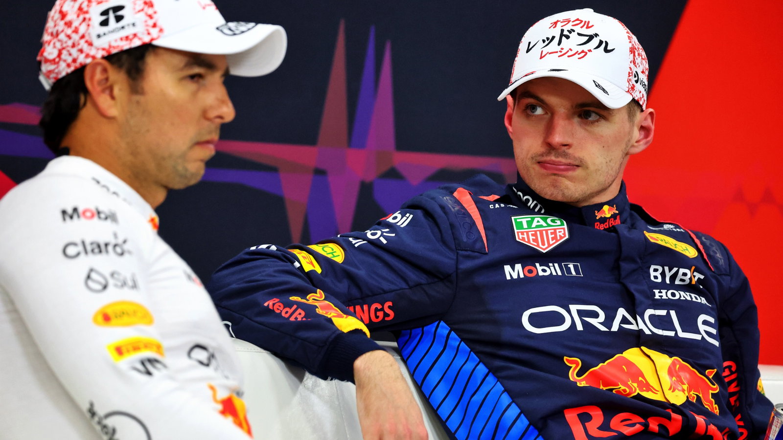 (L to R): Sergio Perez (MEX) Red Bull Racing and team mate Max Verstappen (NLD) Red Bull Racing in the post qualifying FIA