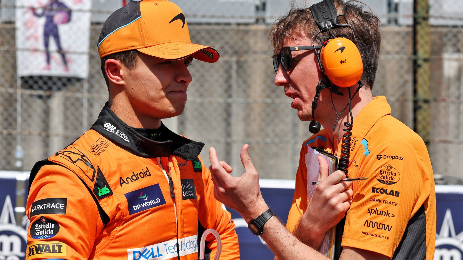(L to R): Lando Norris (GBR) McLaren with William Joseph (GBR) McLaren Race Engineer on the grid. Formula 1 World