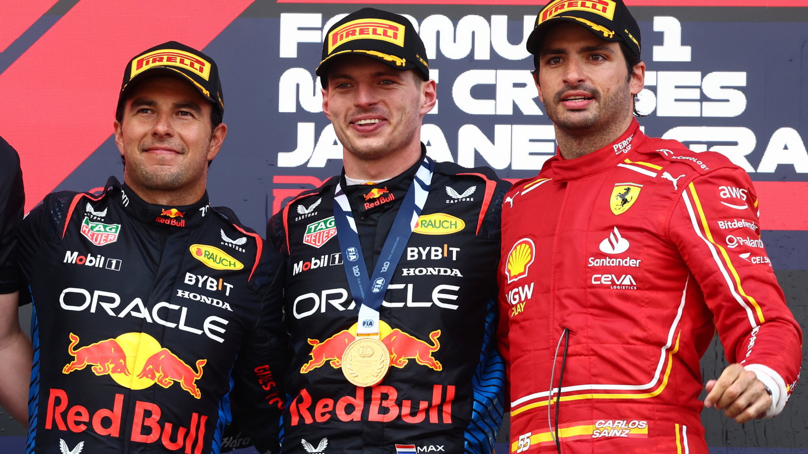 1st place Max Verstappen (NLD) Red Bull Racing RB20, 2nd place Sergio Perez (MEX) Red Bull Racing RB20 and 3rd place Carlos