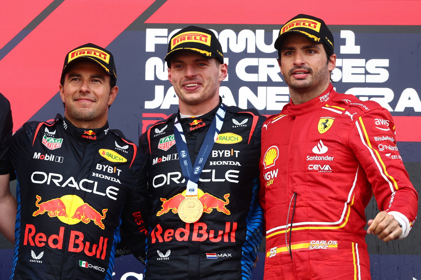 1st place Max Verstappen (NLD) Red Bull Racing RB20, 2nd place Sergio Perez (MEX) Red Bull Racing RB20 and 3rd place Carlos