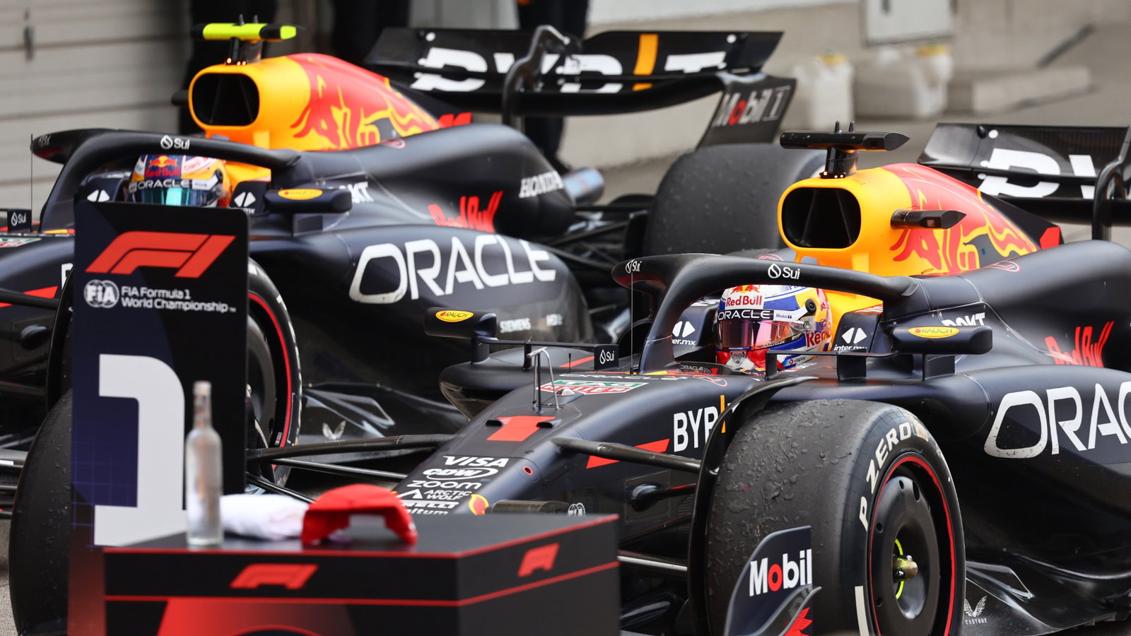 2nd place Sergio Perez (MEX) Red Bull Racing RB20 and 1st place Max Verstappen (NLD) Red Bull Racing. Formula 1 World