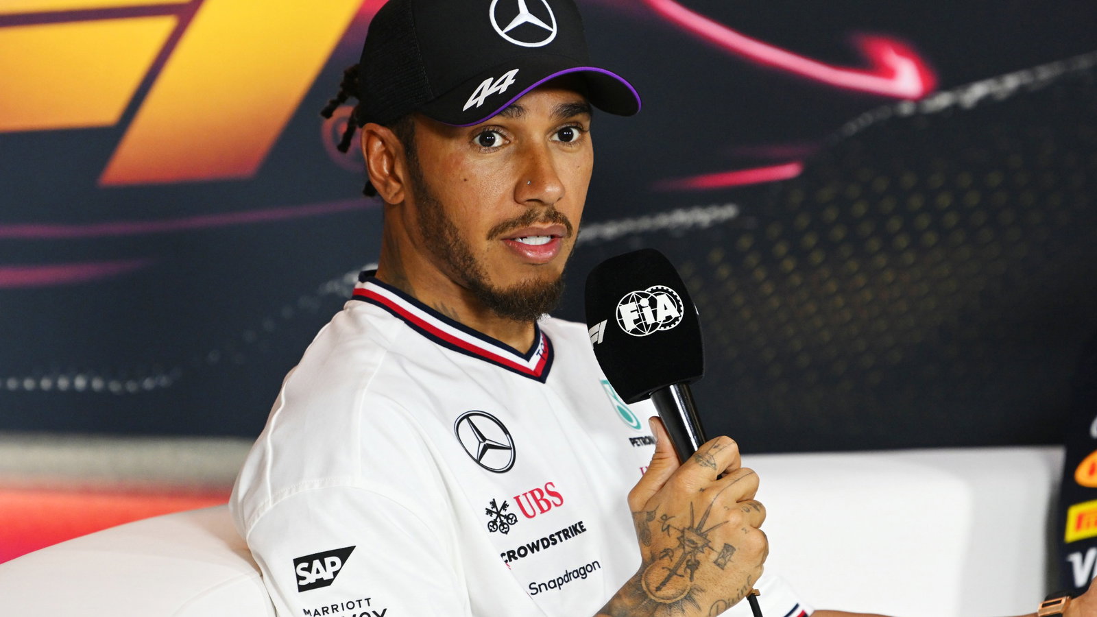 Lewis Hamilton (GBR) Mercedes AMG F1 in the post Sprint FIA Press Conference.- www.xpbimages.com, EMail: