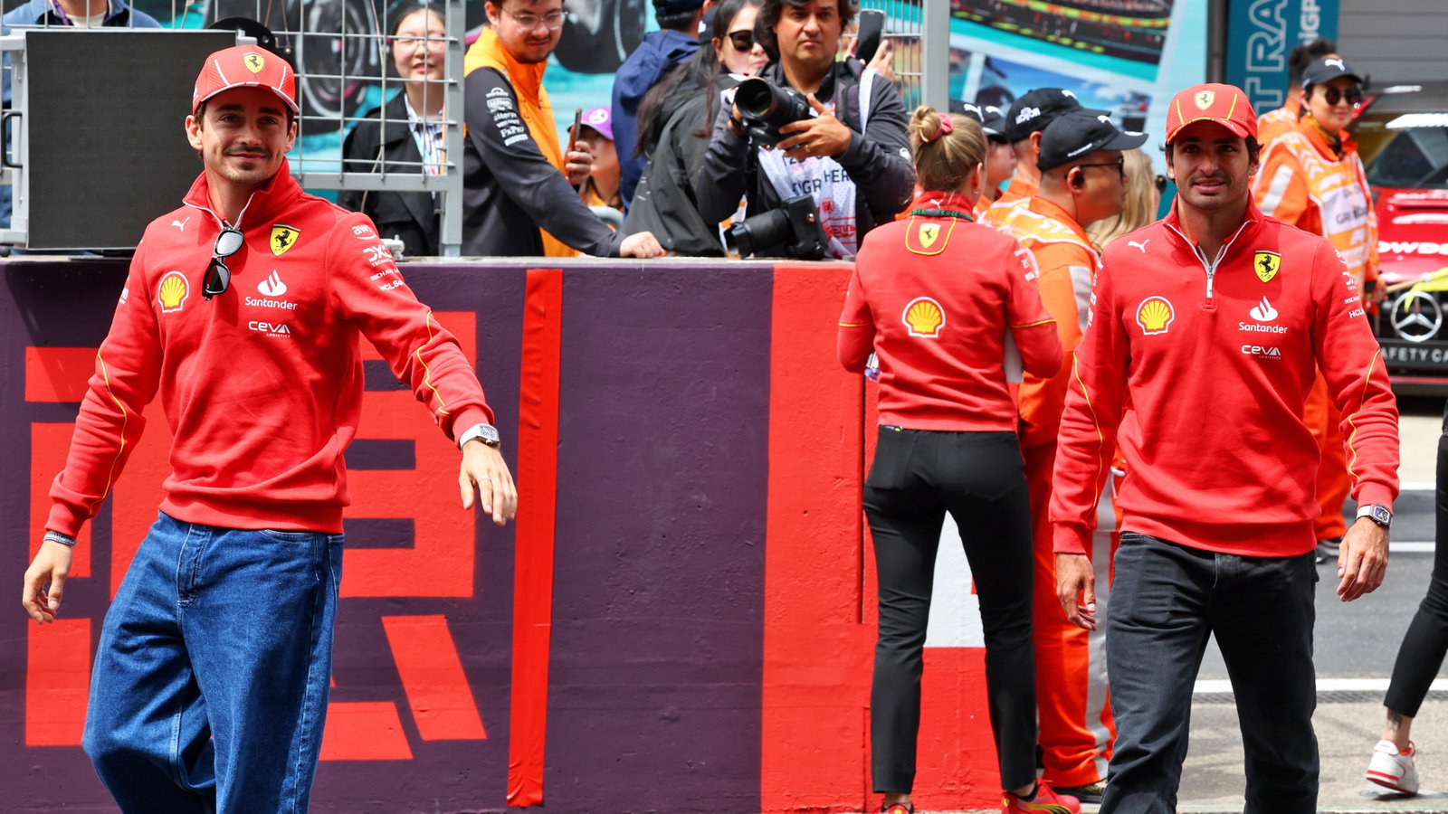 (L to R): Charles Leclerc (MON) Ferrari and Carlos Sainz Jr (ESP) Ferrari on the drivers' parade. Formula 1 World